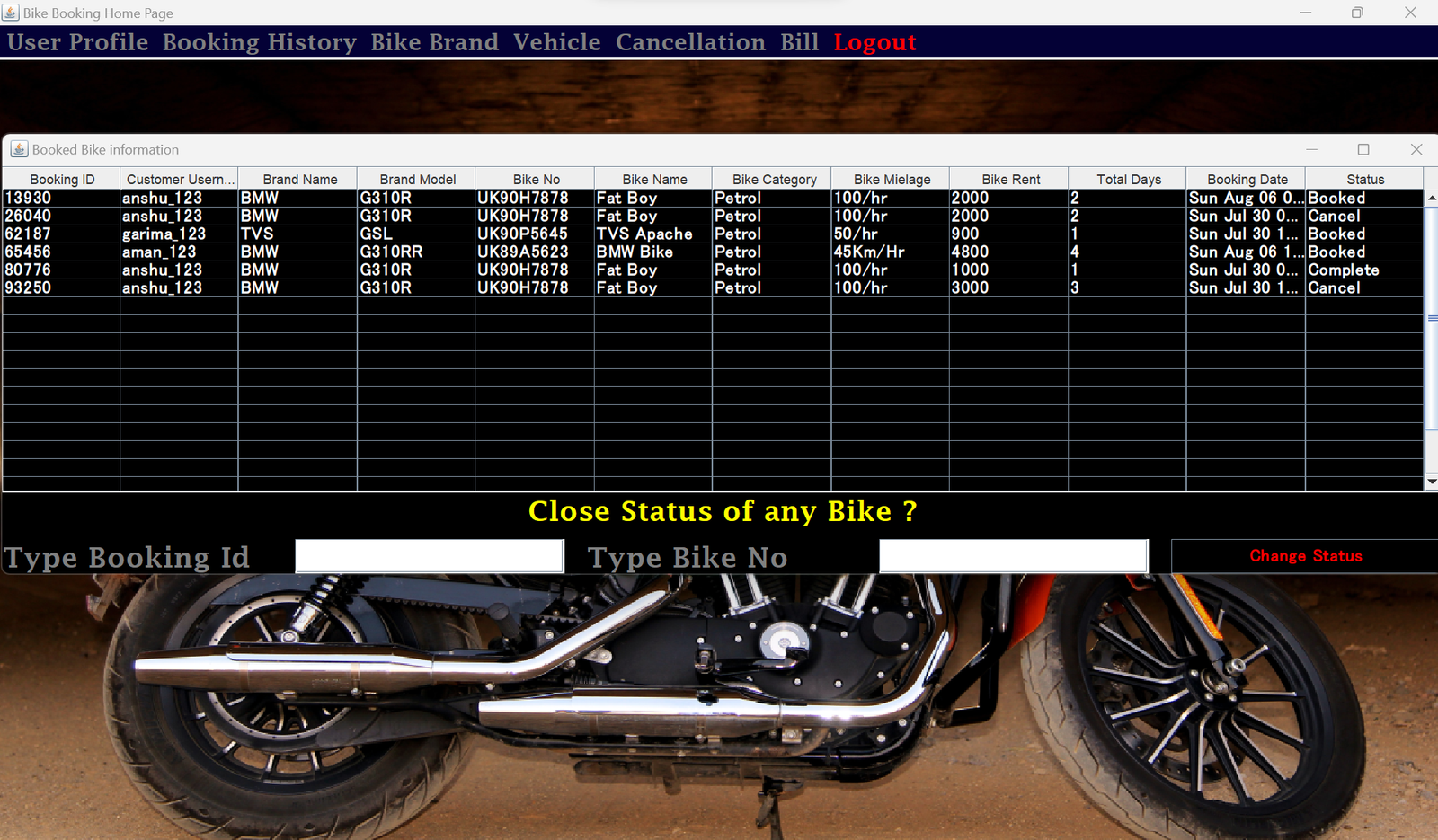 Bike Booking Management System Java Project view bike